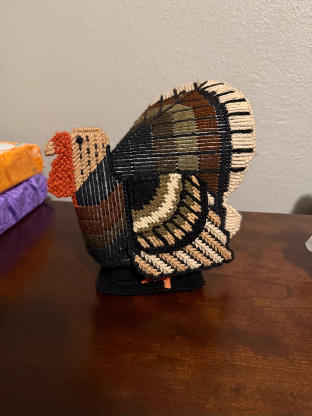 Handcrafted Turkey Needlepoint Accent - Black, Brown, Cream, Orange